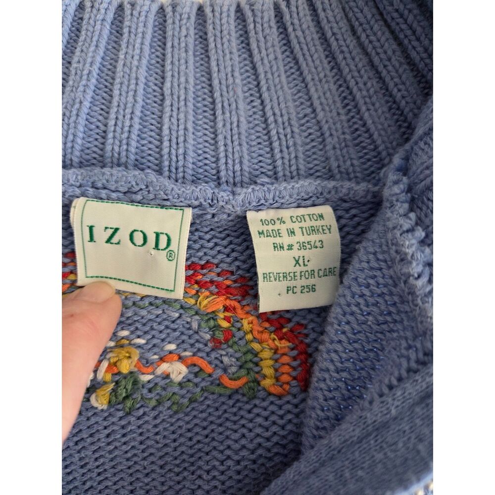VNTG 90s Prep IZOD XL Cotton Sweater Embroidered Umbrella Blue Mock Neck 1/4 Zip - Picture 8 of 9